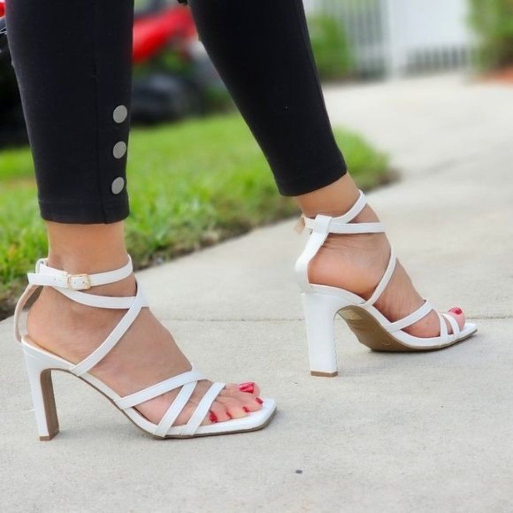 Womens Triple Straps Chunky Heels Sandals White Color